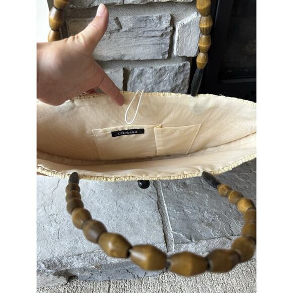 Boho Half Moon Bag Straw Embroidered Floral Prairie Feminine Wooden Handle - Picture 5 of 10